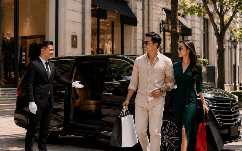 Chauffeur receiving clients outside a boutique