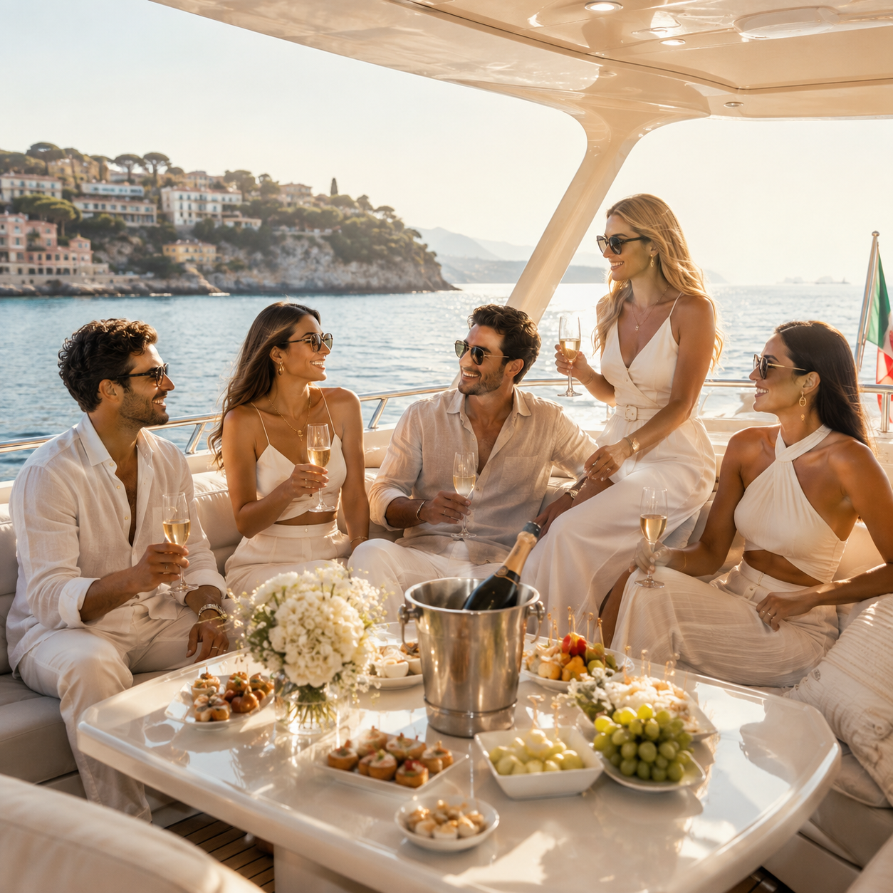 Guests enjoying champagne on the deck of a yacht at golden hour