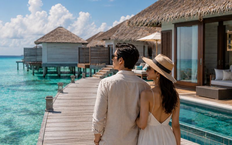 Couple walking the jetty to an overwater villa